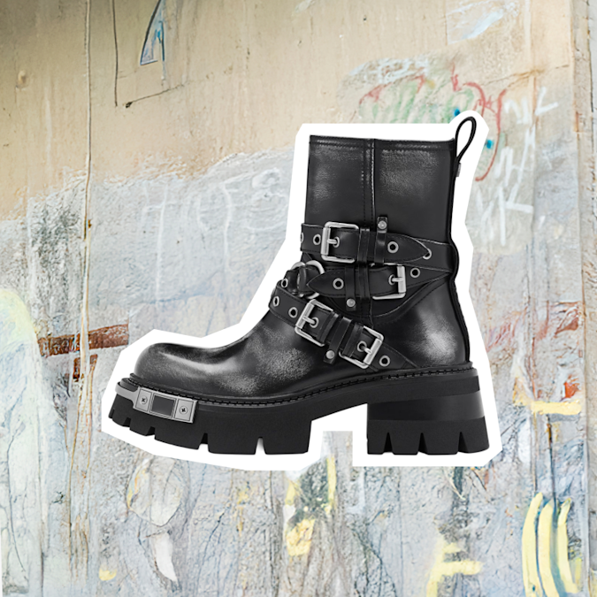 Black biker boot with buckle straps and chunky lug sole