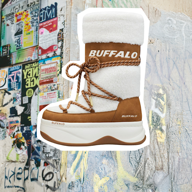 White and brown faux-fur winter boot with platform sole and lace-up details