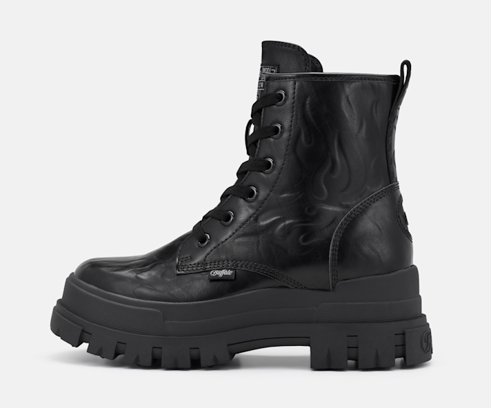 Black Buffalo lace-up boot with chunky lug sole on a light grey background.