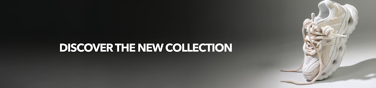Cream-colored chunky sneaker with oversized rope laces on a minimalist gray background, alongside the text “DISCOVER THE NEW COLLECTION”.
