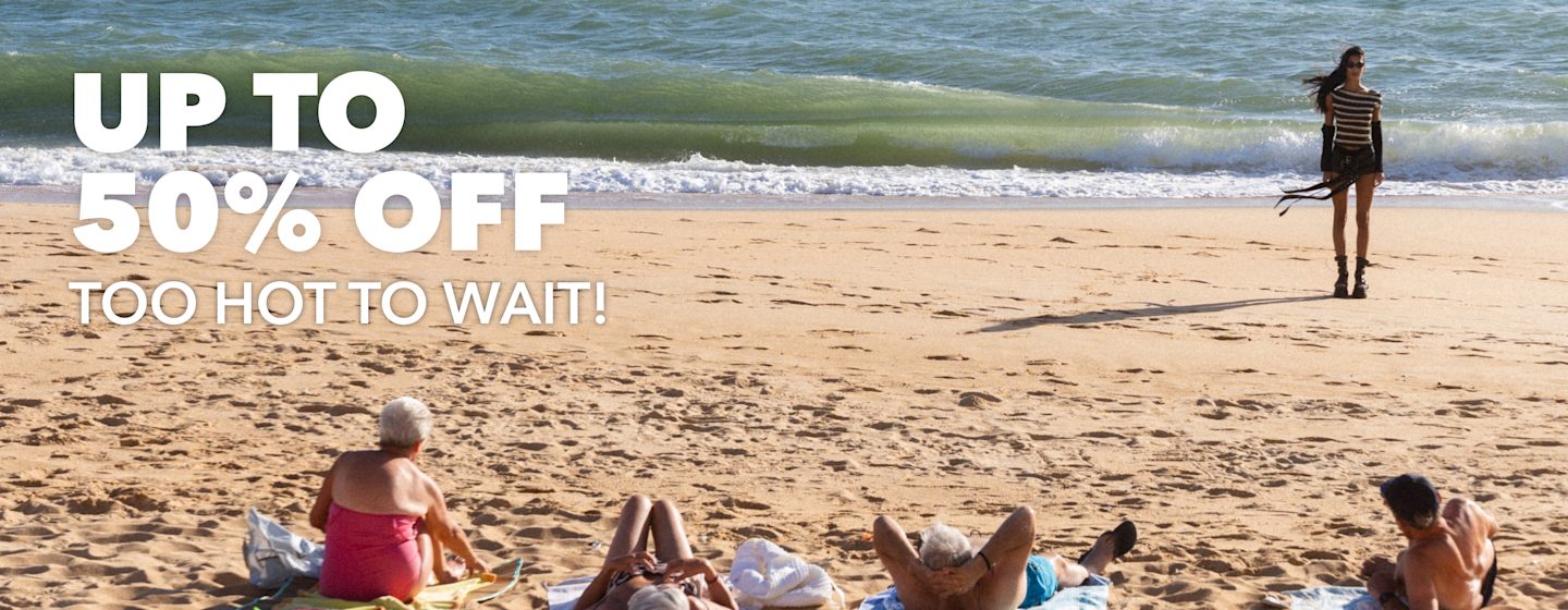 Beach scene with ocean waves and people relaxing on the sand, large text “UP TO 50% OFF – TOO HOT TO WAIT!”