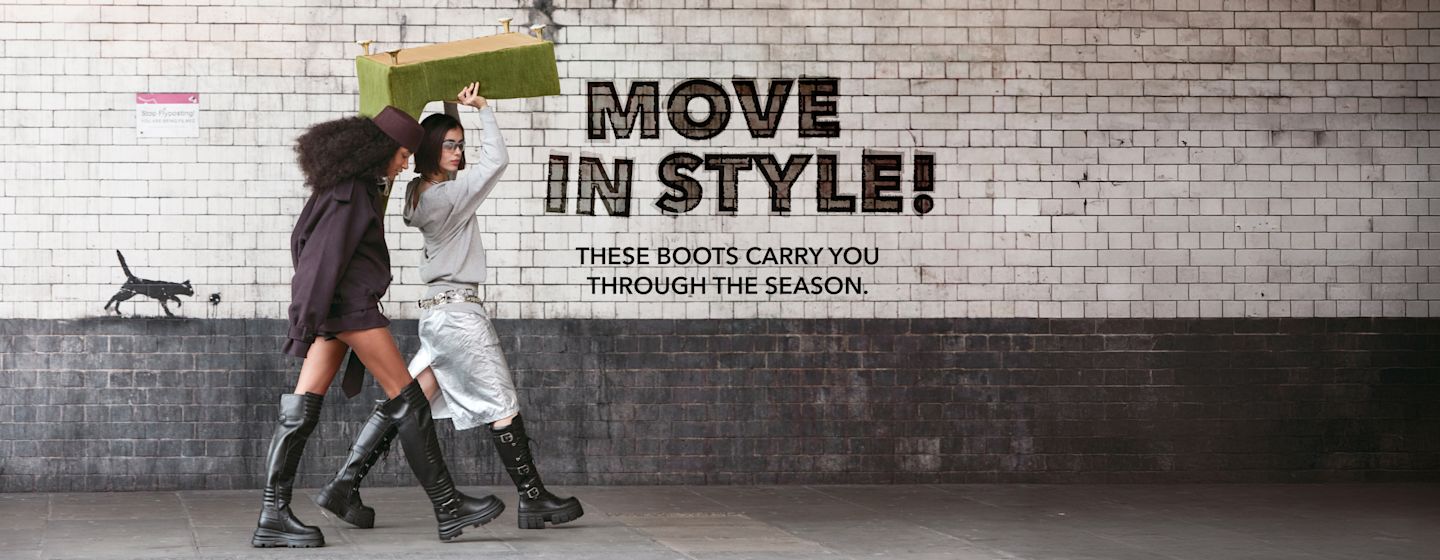 Two people wearing tall black boots with “Move in Style” campaign text