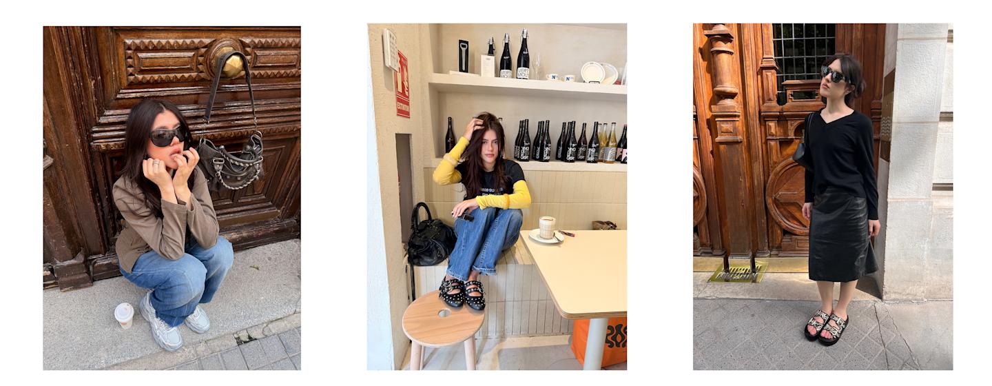 Three lifestyle shots of a woman in casual outfits: crouching by a wooden door with sunglasses and sneakers, sitting in a café wearing jeans and studded flats, and standing outside in a black top and leather skirt with sandals.