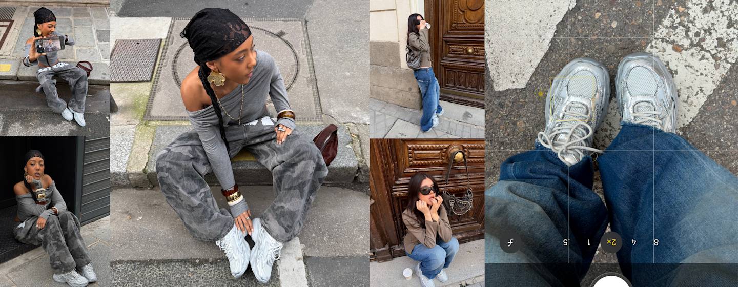 Collage of street-style photos showing people sitting or standing outdoors, wearing casual outfits and sneakers, with one close-up of feet in silver shoes.
