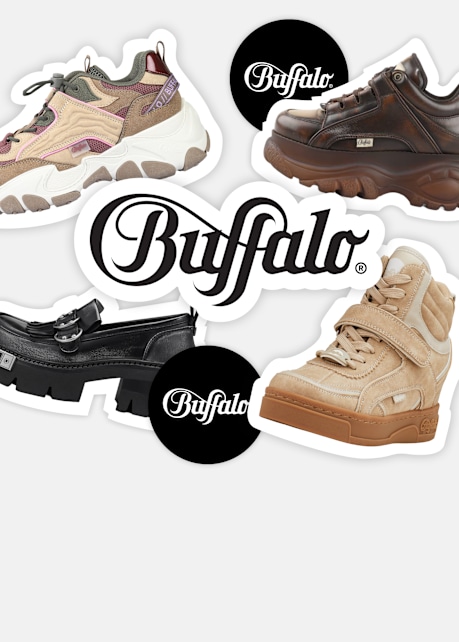 Buffalo shoe collage featuring chunky sneakers, platform loafers and Buffalo logos.