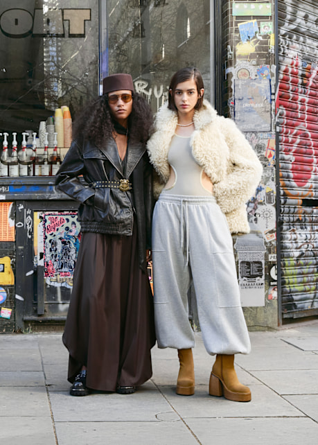 Street style looks featuring chunky platform boots in an urban setting.